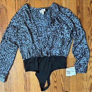 Black and White Puff Sleeve Wrap Bodysuit